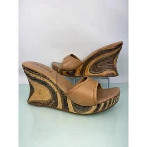 Two Lips Wooden Wedge Sandal 7 Tan Leather Real Wood Platform Retro Boho 90s y2k